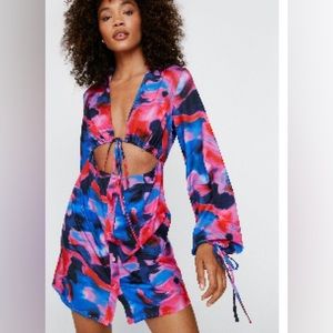 Marble print tie front shirt dress